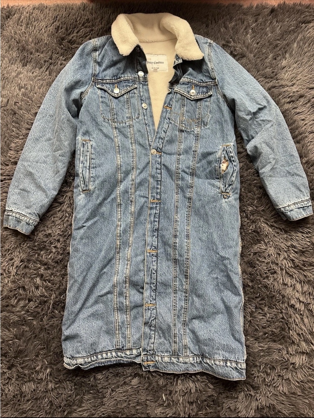 Juicy Couture Long Trucker Jacket Sherpa Lined Long Coat Denim Blue Sz medium EU